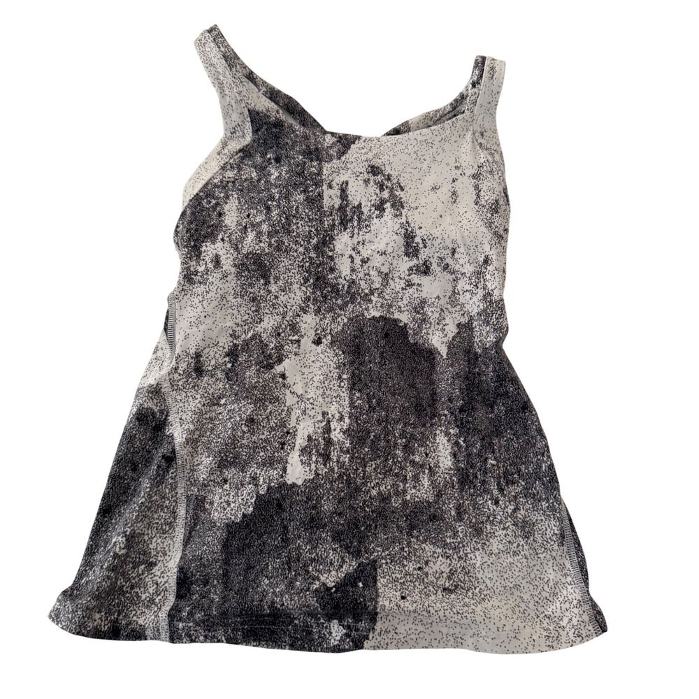 Lucy Activewear Tank Top Black White Abstract Print Built-in Bra Crisscross Back